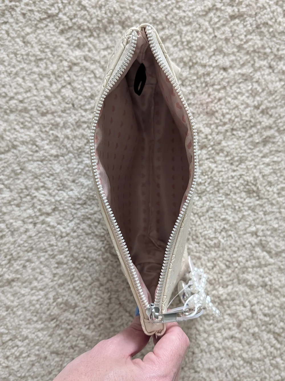 Cosmetic Bag- Cream Heart Embossed Design